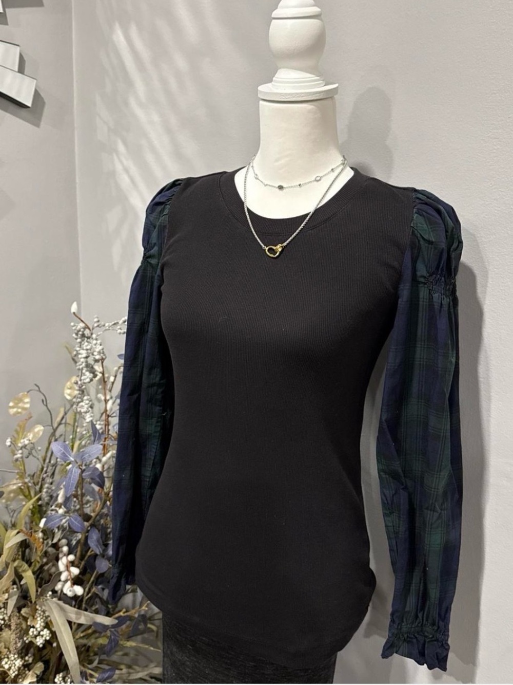 LOFT Black Knit Top with Navy Green Plaid Puff Sleeves